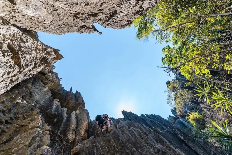 Natural stone window framing the sky in the Tsingy